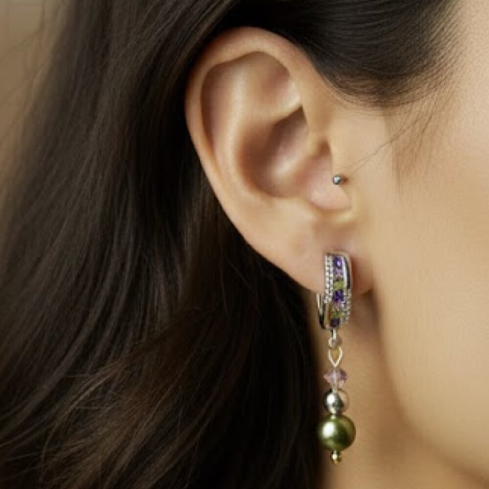 Handmade Sterling Silver Hoop Earrings with Crystals and Pearls